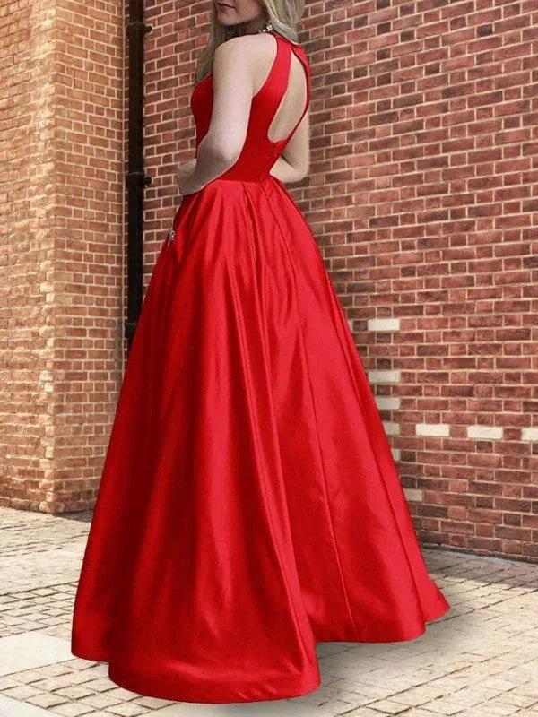 A-Line/Elegant Halter Sleeveless Floor-Length Beading Satin Prom Dresses by misshow.com