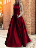 A-Line/Elegant Halter Sleeveless Floor-Length Beading Satin Prom Dresses by misshow.com