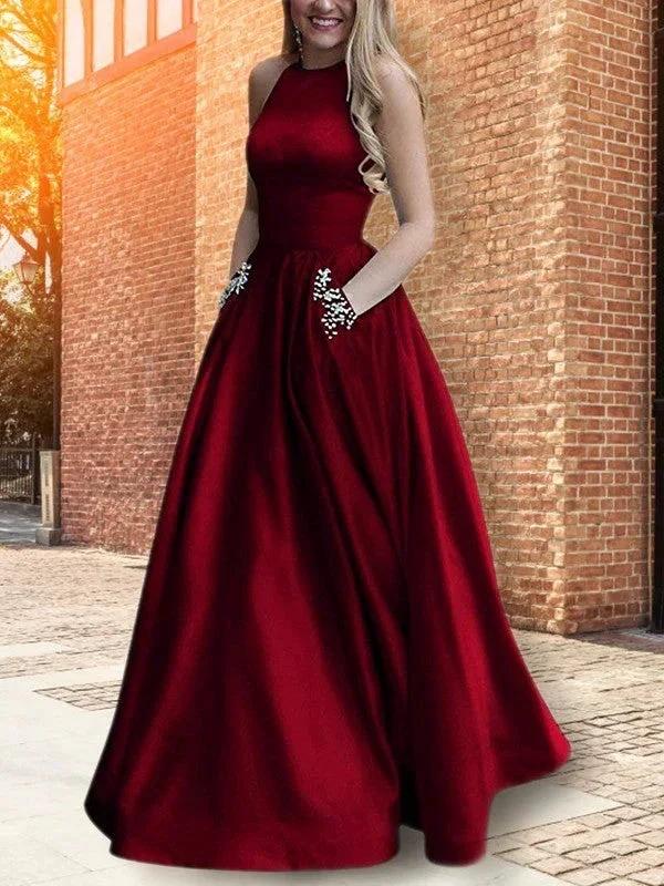 A-Line/Elegant Halter Sleeveless Floor-Length Beading Satin Prom Dresses by misshow.com