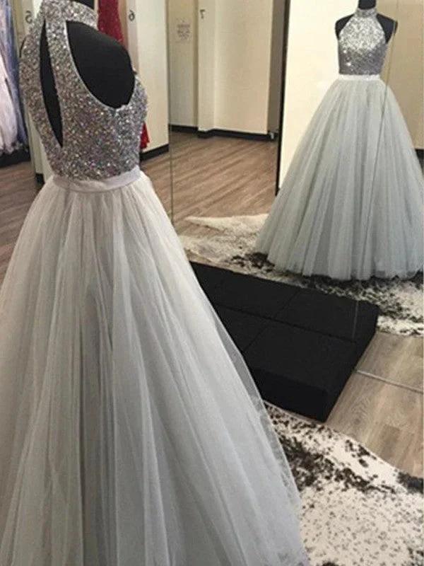 A-Line/Elegant Halter Sleeveless Floor-Length Beading Tulle Prom Dresses by misshow.com