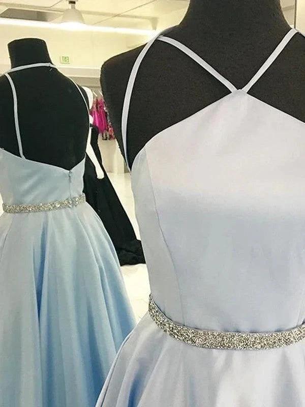 A-Line/Elegant Halter Sleeveless Floor-Length Satin Prom Dresses by misshow.com