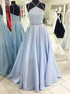 A-Line/Elegant Halter Sleeveless Floor-Length Satin Prom Dresses by misshow.com