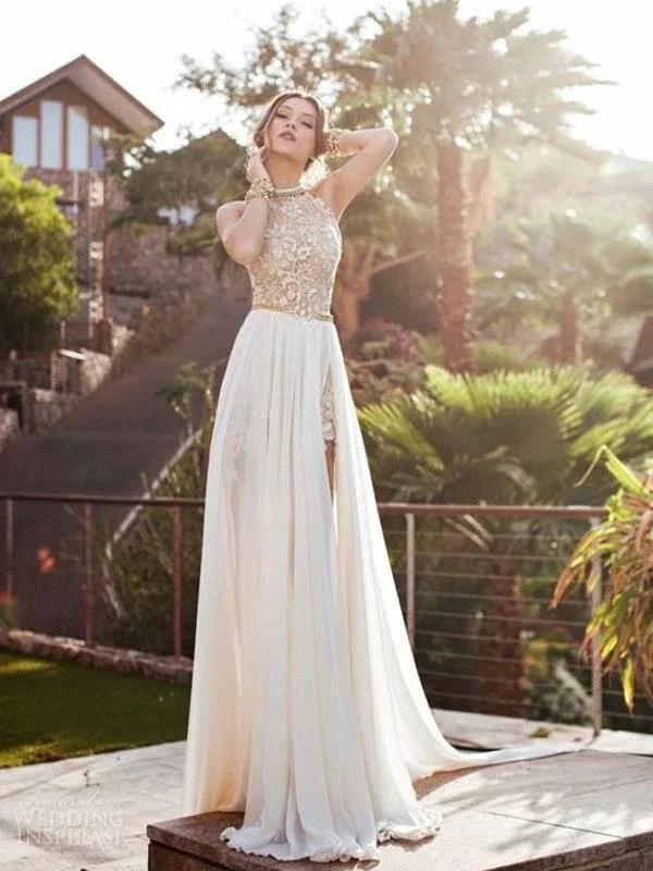 A-Line/Elegant Halter Sleeveless Lace Chiffon Prom Dresses by misshow.com