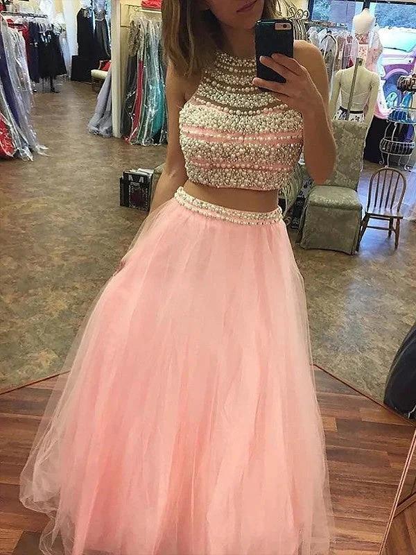 A-Line/Elegant Halter Sleeveless Tulle Floor-Length Beading Two Piece Prom Dresses by misshow.com