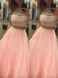 A-Line/Elegant Halter Sleeveless Tulle Floor-Length Beading Two Piece Prom Dresses by misshow.com