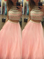 A-Line/Elegant Halter Sleeveless Tulle Floor-Length Beading Two Piece Prom Dresses by misshow.com
