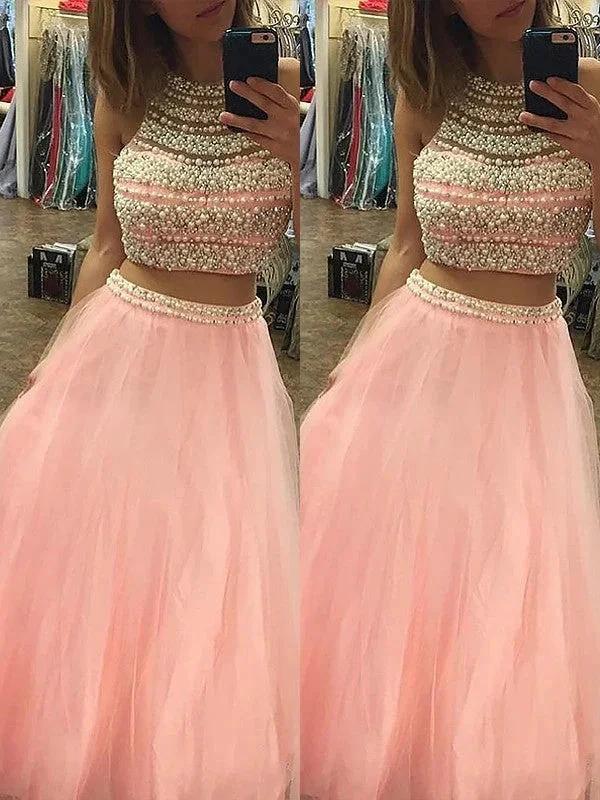 A-Line/Elegant Halter Sleeveless Tulle Floor-Length Beading Two Piece Prom Dresses by misshow.com