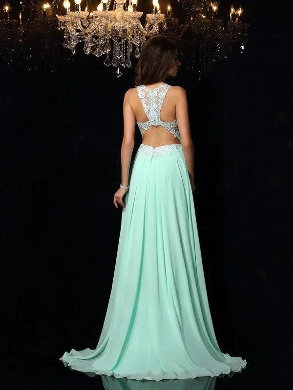 A-Line/Elegant High Neck Applique Sleeveless Long Chiffon Prom Dresses by misshow.com