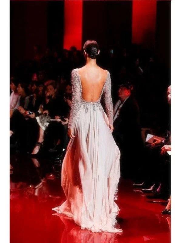 A-Line/Elegant High Neck Long Sleeves Applique Chiffon Prom Dresses by misshow.com