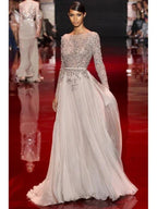 A-Line/Elegant High Neck Long Sleeves Applique Chiffon Prom Dresses by misshow.com