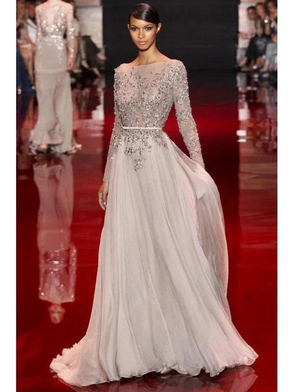 A-Line/Elegant High Neck Long Sleeves Applique Chiffon Prom Dresses by misshow.com