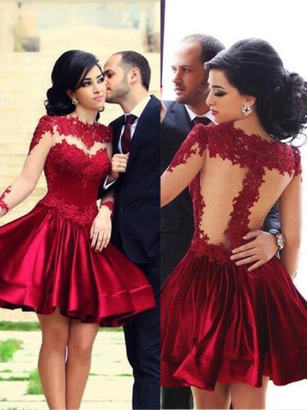 A-Line Elegant High Neck Long Sleeves Satin Short Mini Prom Dresses