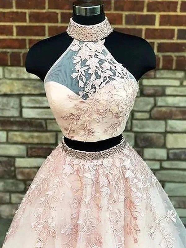 A-Line/Elegant High Neck Sleeveless Applique Tulle Two Piece Prom Dresses by misshow.com