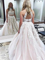 A-Line/Elegant High Neck Sleeveless Applique Tulle Two Piece Prom Dresses by misshow.com