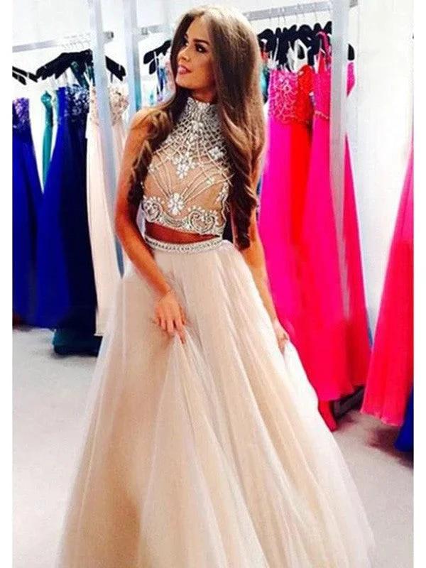 A-Line/Elegant High Neck Sleeveless Beading Tulle Floor-Length Prom Dresses by misshow.com