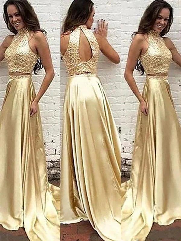 A-Line/Elegant High Neck Sleeveless Satin Beading Two Piece Prom Dresses by misshow.com