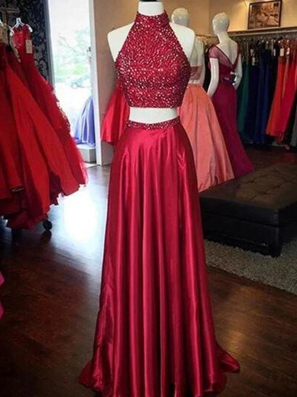 A-Line/Elegant High Neck Sleeveless Silk like Satin Taffeta Prom Dresses by misshow.com