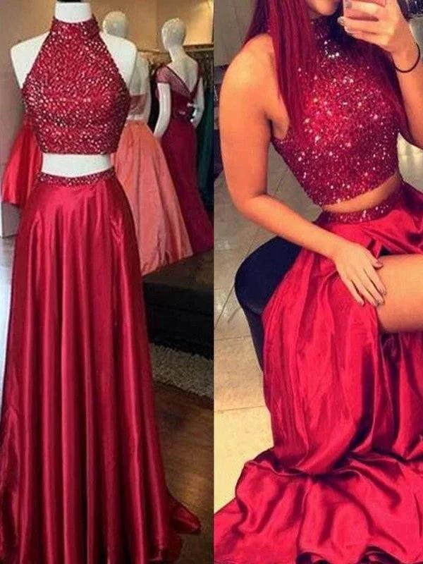 A-Line/Elegant High Neck Sleeveless Silk like Satin Taffeta Prom Dresses by misshow.com