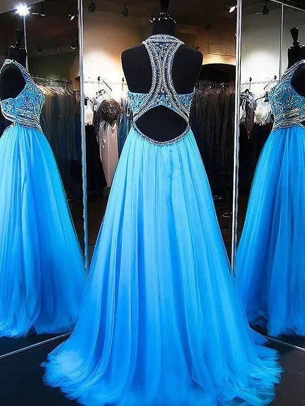 A-Line/Elegant Jewel Sleeveless Beading Tulle Prom Dresses by misshow.com