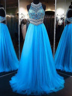 A-Line/Elegant Jewel Sleeveless Beading Tulle Prom Dresses by misshow.com