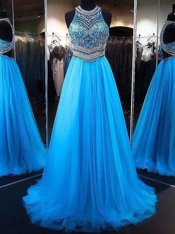 A-Line/Elegant Jewel Sleeveless Beading Tulle Prom Dresses by misshow.com