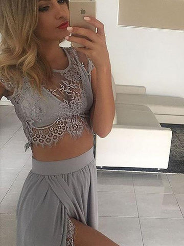 A-Linie/Elegant Juwel-Ausschnitt Ärmellos Satin Bodenlang Spitze Zweiteilige Ballkleider