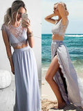 A-Line/Elegant Jewel Sleeveless Satin Floor-Length Lace Two Piece Prom Dresses by misshow.com