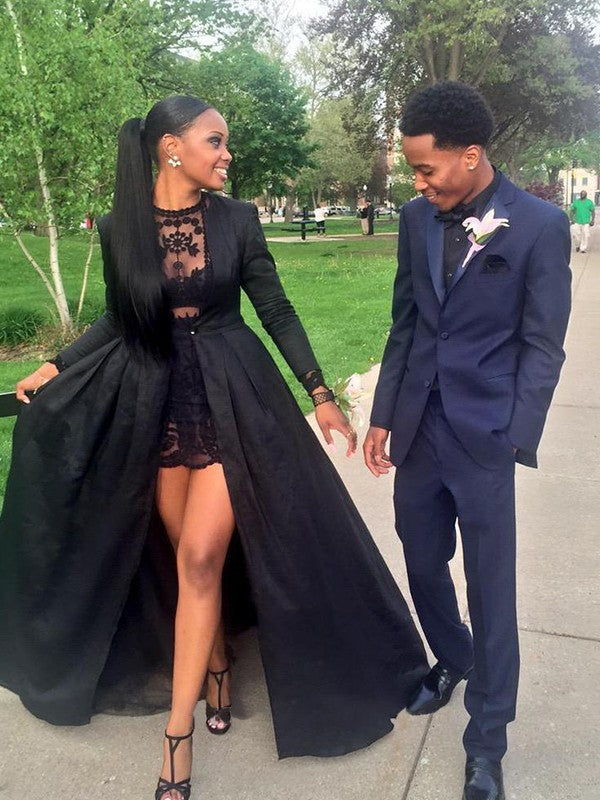 Vestidos de fiesta elegantes de satén con encaje joya y mangas largas en forma de A Main Image