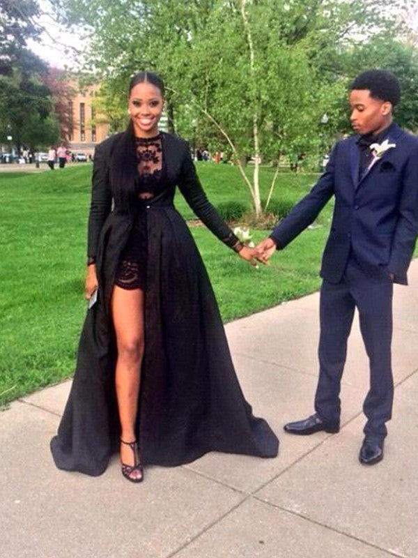 Vestidos de fiesta elegantes de satén con encaje joya y mangas largas en forma de A Hover Image