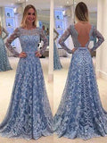 A-Line/Elegant Long Sleeves Lace Floor-Length Bateau Ruffles Prom Dresses by misshow.com