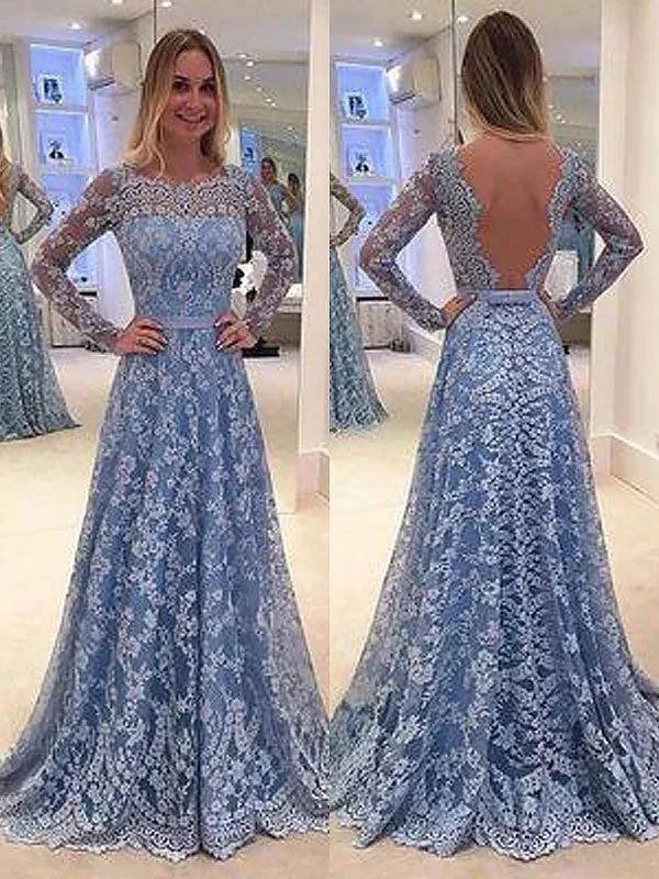 A-Line/Elegant Long Sleeves Lace Floor-Length Bateau Ruffles Prom Dresses by misshow.com