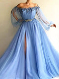 A-Line/Elegant Long Sleeves Off-the-Shoulder Tulle Beading Floor-Length Prom Dresses by misshow.com