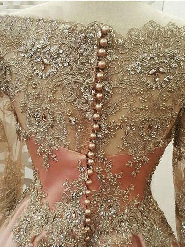 A-Line/Elegant Long Sleeves Scoop Floor-Length Applique Tulle Muslim Prom Dresses by misshow.com