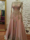 A-Line/Elegant Long Sleeves Scoop Floor-Length Applique Tulle Muslim Prom Dresses by misshow.com