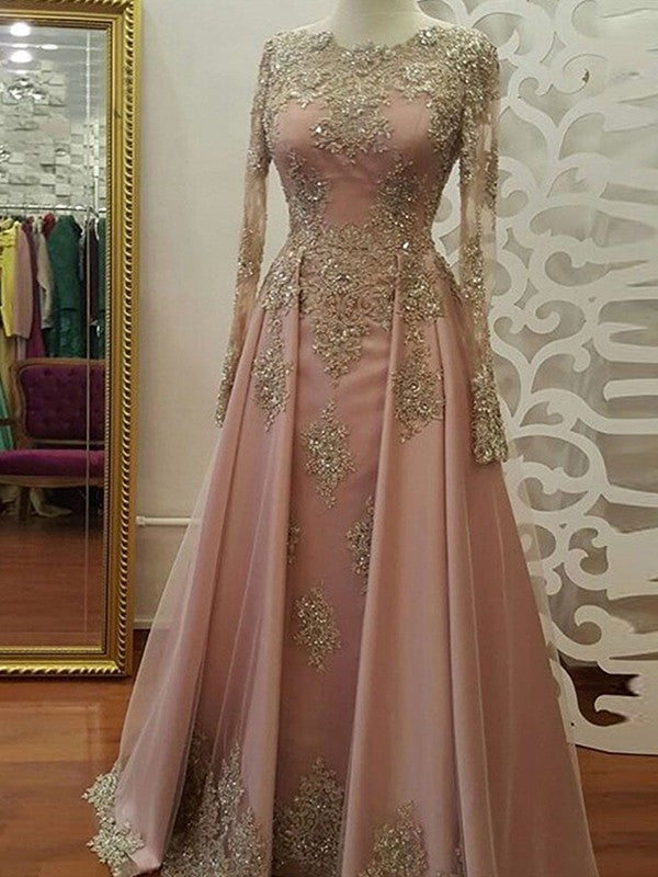 Vestidos de fiesta musulmanes elegantes de tul con apliques y mangas largas en forma de A hasta el suelo Hover Image