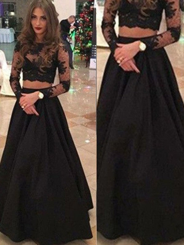 Vestidos de fiesta elegantes de encaje con escote redondo y mangas largas en forma de A Hover Image