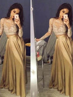 A-Line/Elegant Long Sleeves Scoop Taffeta Applique Floor-Length Two Piece Prom Dresses by misshow.com