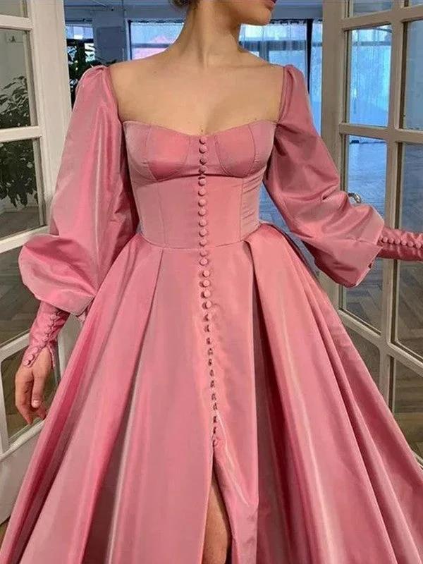 A-Line/Elegant Long Sleeves Square Ruffles Satin Floor-Length Prom Dresses by misshow.com