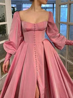 A-Line/Elegant Long Sleeves Square Ruffles Satin Floor-Length Prom Dresses by misshow.com