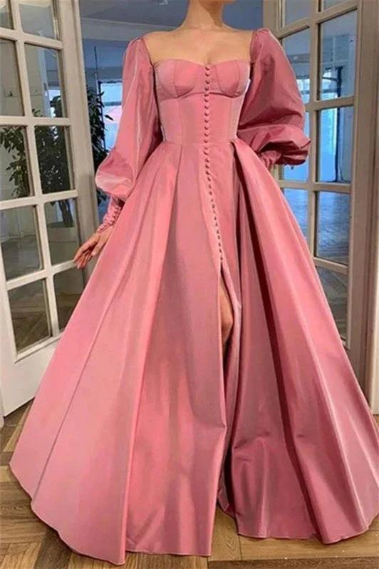 A-Line/Elegant Long Sleeves Square Ruffles Satin Floor-Length Prom Dresses by misshow.com
