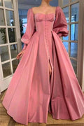 A-Line/Elegant Long Sleeves Square Ruffles Satin Floor-Length Prom Dresses by misshow.com