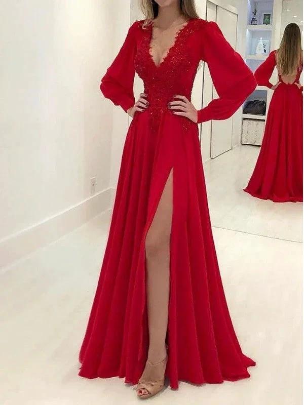 A-Line/Elegant Long Sleeves V-neck Applique Chiffon Prom Dresses by misshow.com