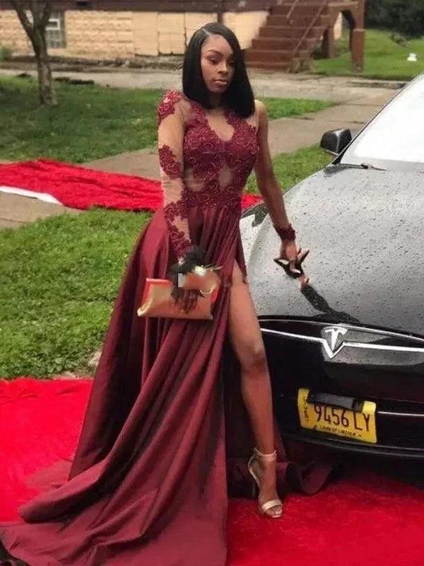 A-Line/Elegant Long Sleeves V-neck Applique Satin Prom Dresses by misshow.com
