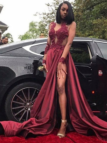 A-Linie/Elegant Lange Ärmel V-Ausschnitt Applikationen Satin Ballkleider