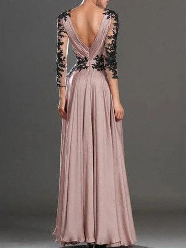 A-Line/Elegant Long Sleeves V-neck Chiffon Applique Floor-Length Prom Dresses by misshow.com