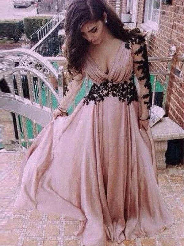 A-Line/Elegant Long Sleeves V-neck Chiffon Applique Floor-Length Prom Dresses by misshow.com