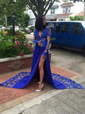 A-Line/Elegant Long Sleeves V-neck Court Train Applique Lace Prom Dresses by misshow.com