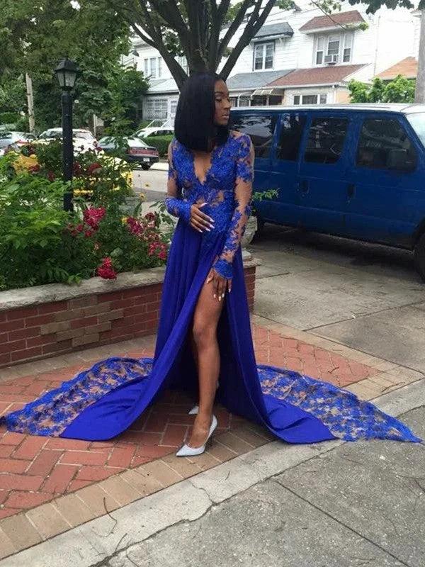 A-Line/Elegant Long Sleeves V-neck Court Train Applique Lace Prom Dresses by misshow.com
