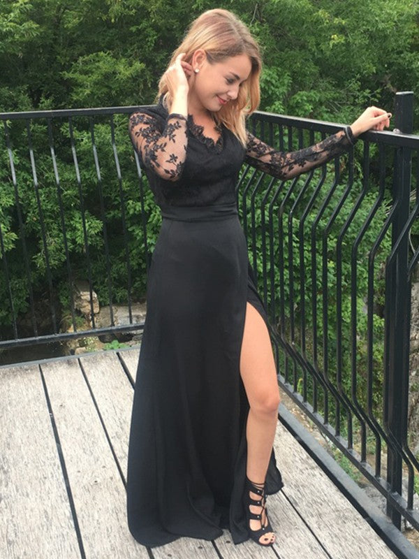 Vestidos de fiesta elegantes de corte A/mangas largas, escote en V, largo hasta el suelo, con encaje y gasa con apliques Main Image