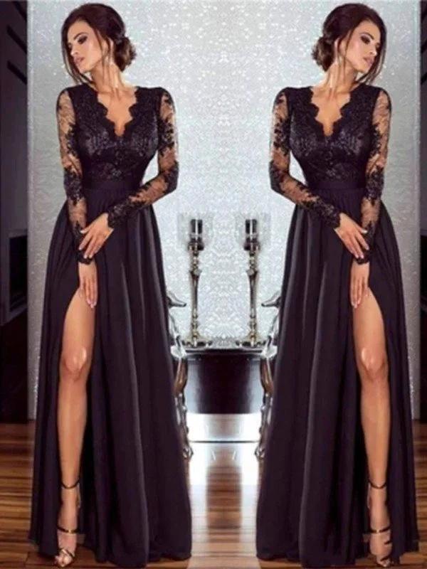 A-Line/Elegant Long Sleeves V-neck Floor-Length Lace Chiffon Applique Prom Dresses by misshow.com
